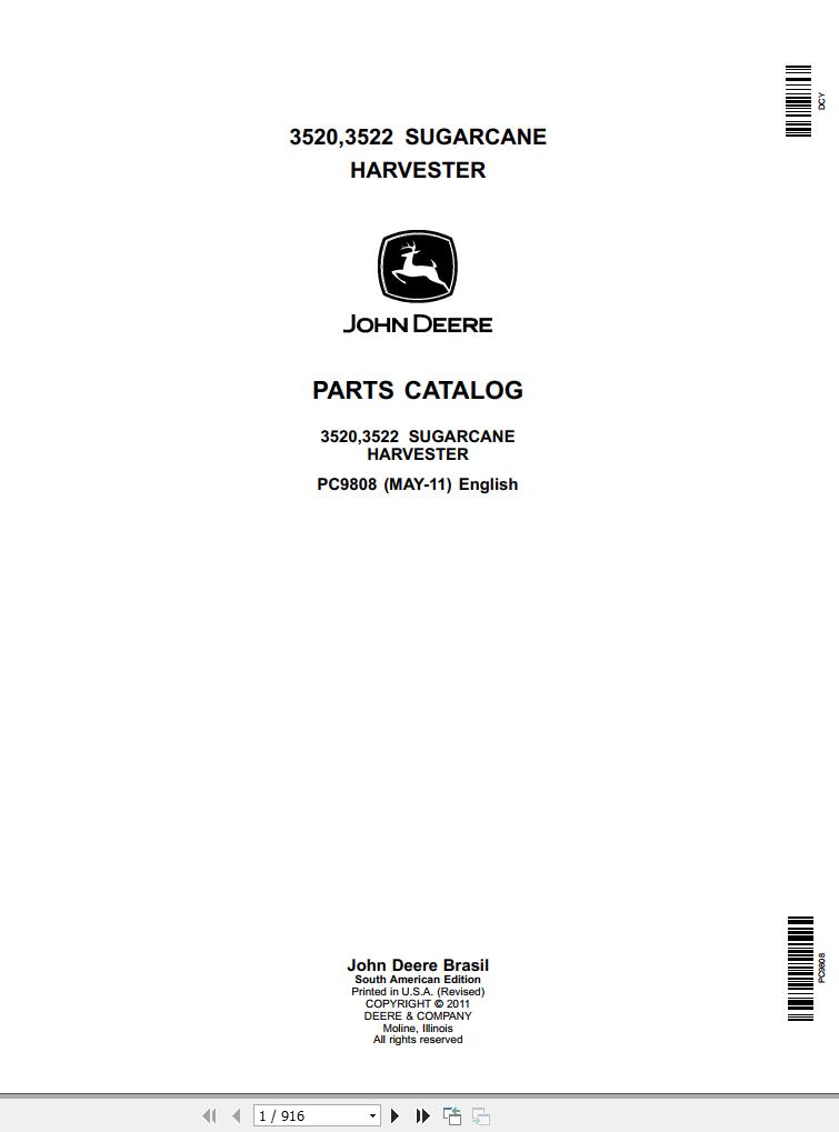 John Deere Sugarcane Harvester 3520 3522 Parts Catalog PC9808 2011 1