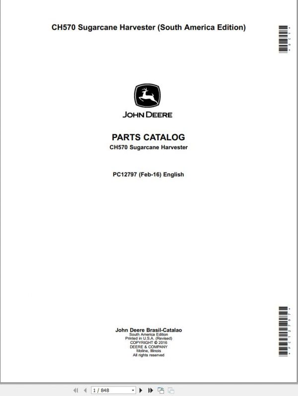John Deere Sugarcane Harvester South America Edition CH570 Parts Catalog PC12797 2016 1