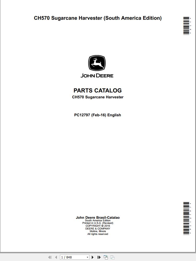 John Deere Sugarcane Harvester South America Edition CH570 Parts Catalog PC12797 2016 1