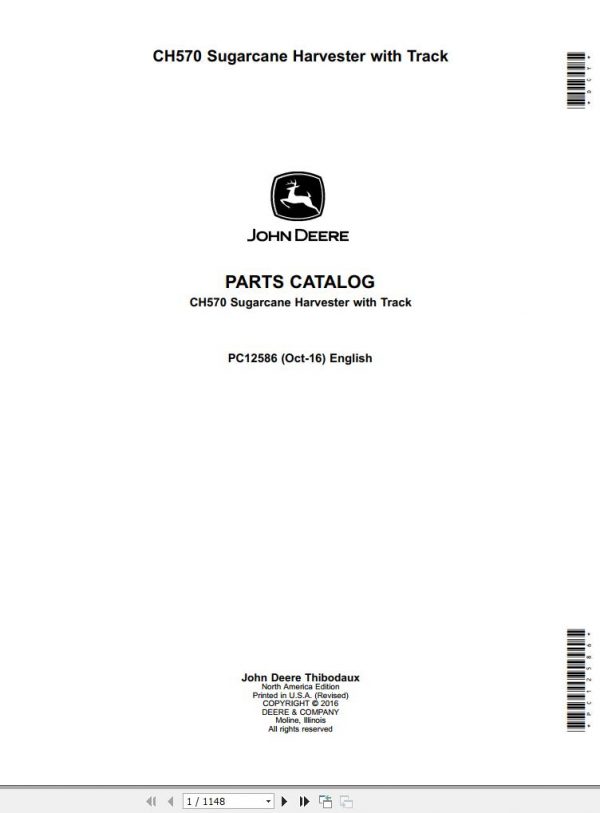 John Deere Sugarcane Harvester with Track CH570 Parts Catalog PC12586 2016 1