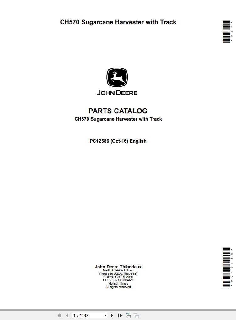 John Deere Sugarcane Harvester with Track CH570 Parts Catalog PC12586 2016 1