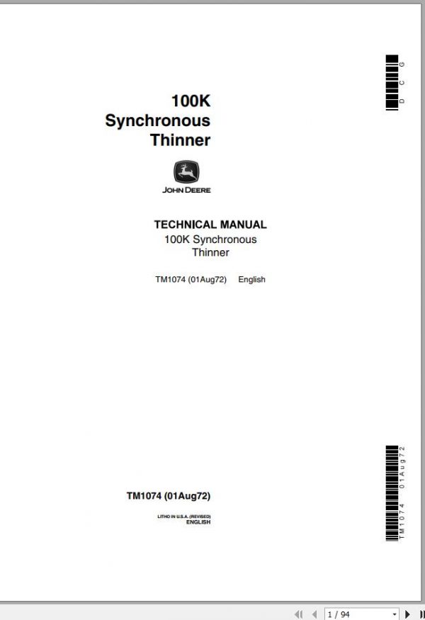 John Deere Synchronous Thinner 100K Technical Manual TM1074 1