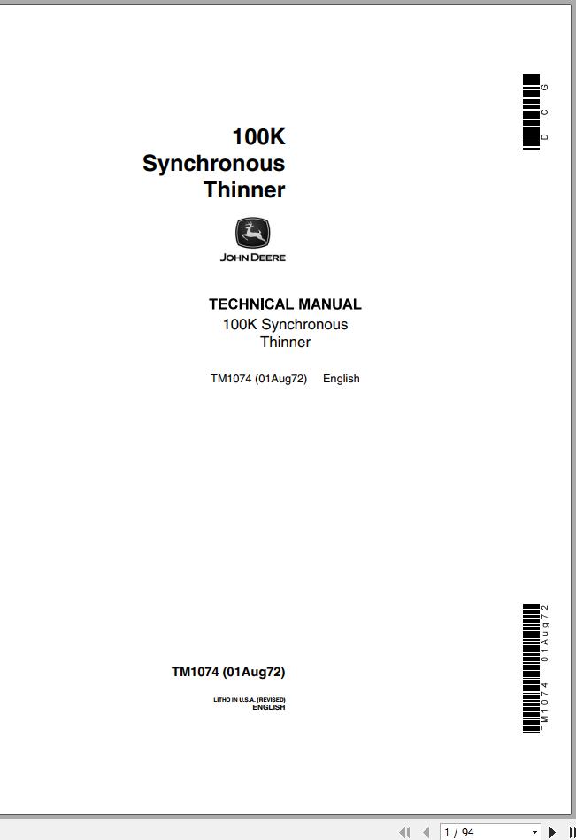 John Deere Synchronous Thinner 100K Technical Manual TM1074 1