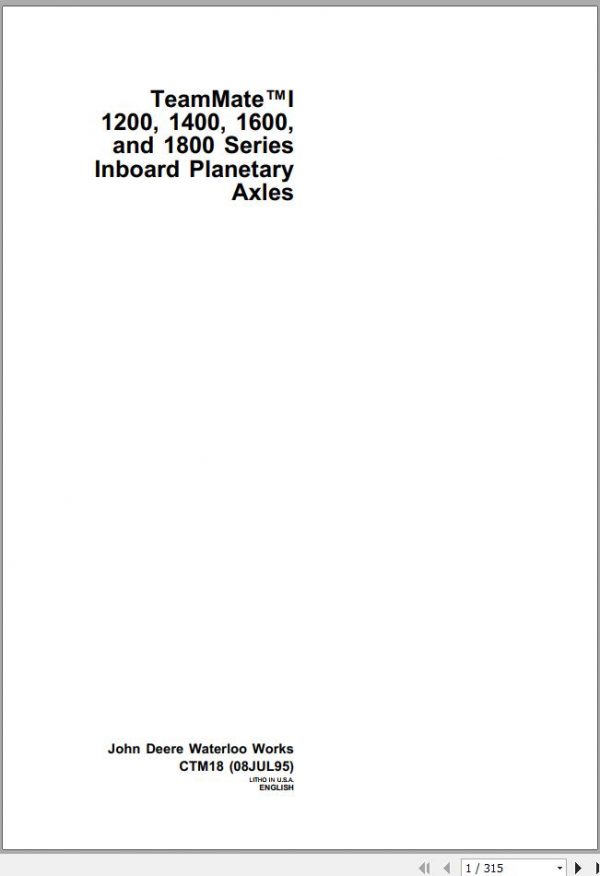 John Deere Teamate Inboard Planetary Axles 1200 1400 1600 1800 Technical Manual CTM18 1