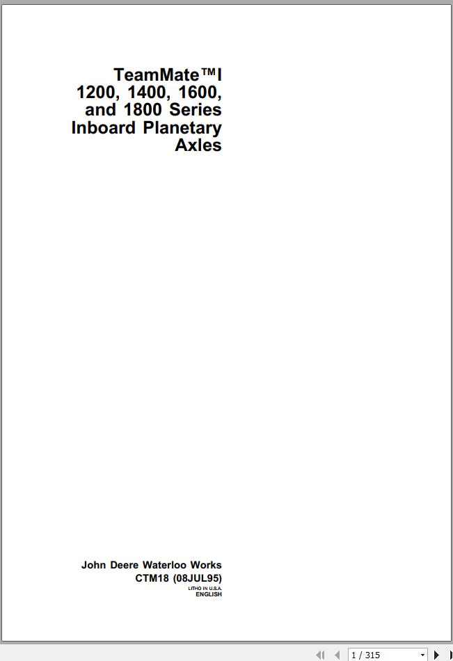 John Deere Teamate Inboard Planetary Axles 1200 1400 1600 1800 Technical Manual CTM18 1