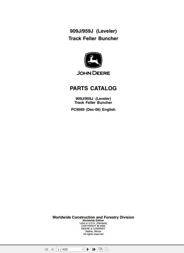 John Deere Track Fellber Buncher 909J 959J Parts Catalog PC9569 2006 1