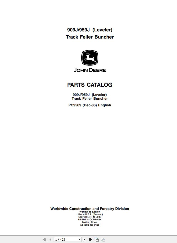 John Deere Track Fellber Buncher 909J 959J Parts Catalog PC9569 2006 1