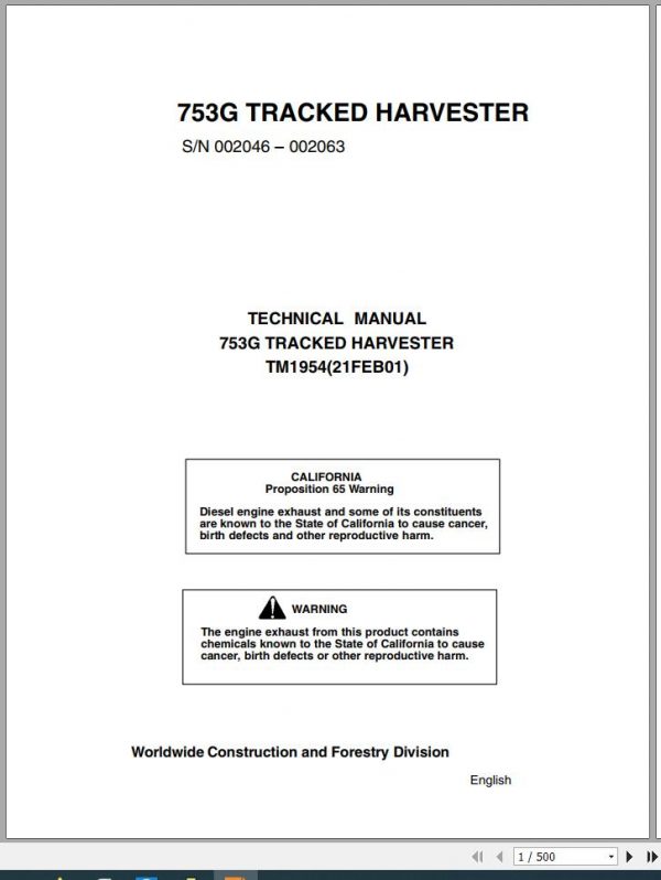 John Deere Tracked Harvester 753G Technical Manual TM1954 1