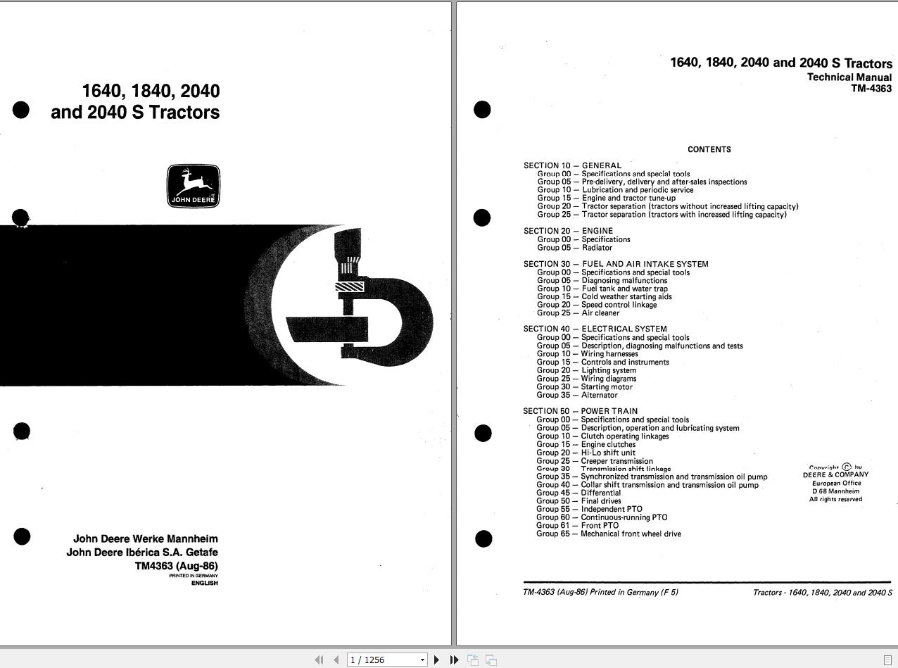 John Deere Tractor 1640 1840 2040 2040 S Technical Manual TM4363 1