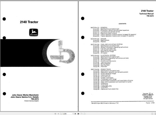 John Deere Tractor 2140 Technical Manual TM4373 1