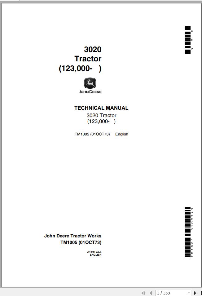 John Deere Tractor 3020 123000 Technical Manual TM1005 1