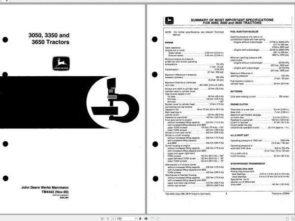 John Deere Tractor 3050 3350 3650 Technical Manual TM444 1