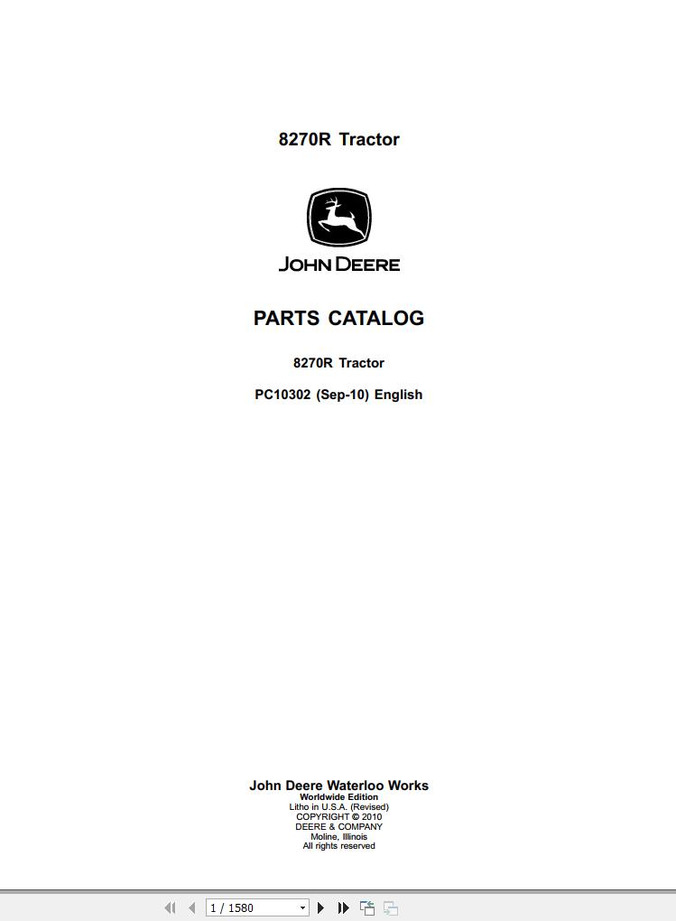 John Deere Tractor 8270R Parts Catalog PC10302 2010 1