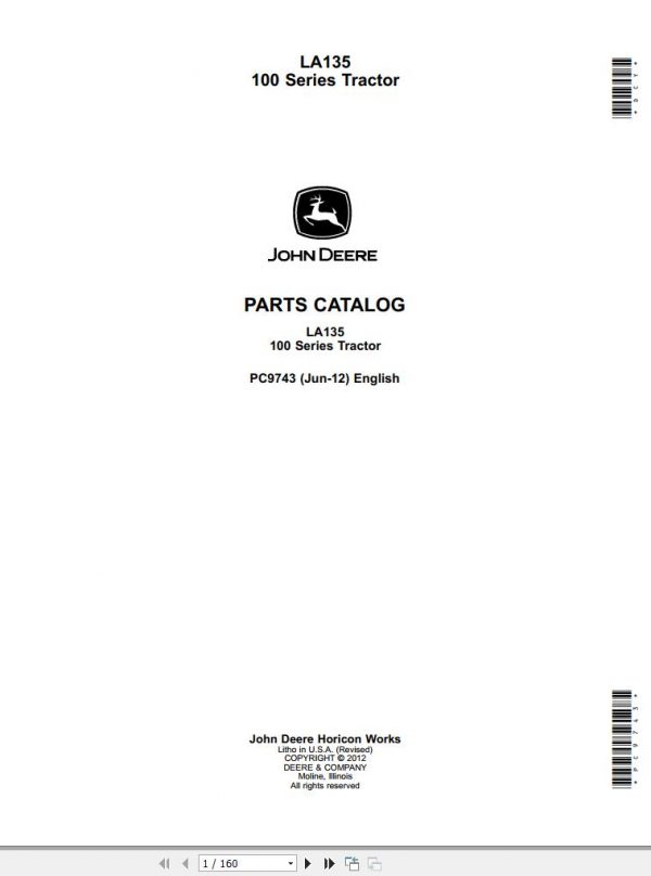 John Deere Tractor LA135 100 Series Parts Catalog PC9743 2012 1