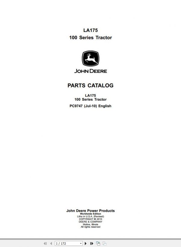 John Deere Tractor LA175 100 Series Parts Catalog PC9747 2010 1