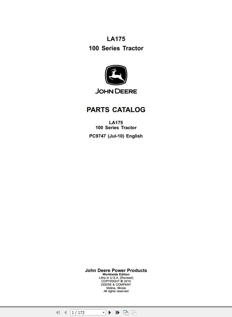 John Deere Tractor LA175 100 Series Parts Catalog PC9747 2010 1