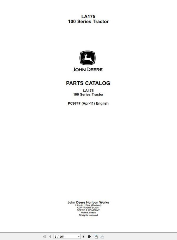 John Deere Tractor LA175 100 Series Parts Catalog PC9747 2011 1
