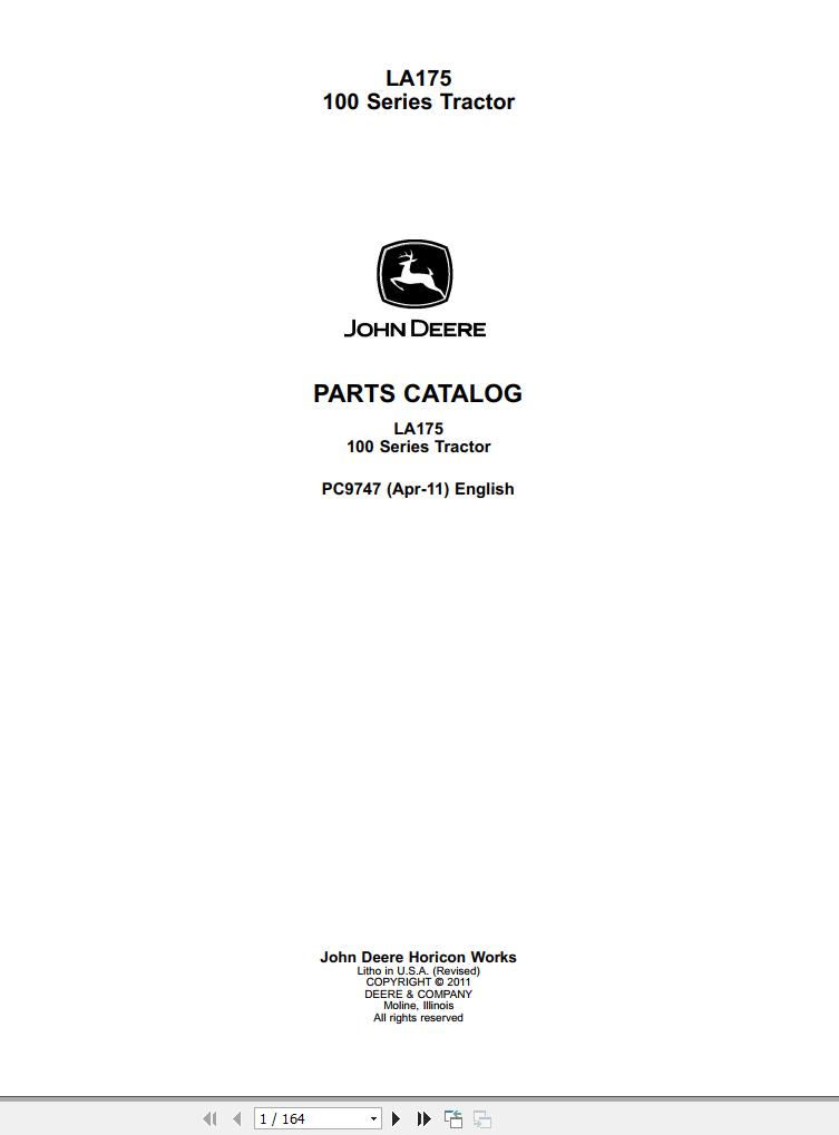 John Deere Tractor LA175 100 Series Parts Catalog PC9747 2011 1