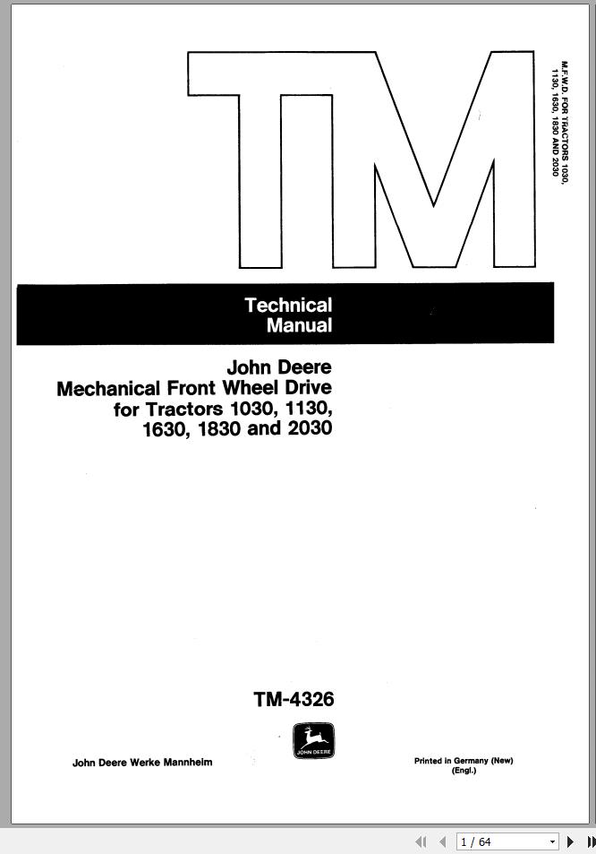 John Deere Tractors 1030 1130 1630 1830 2030 Technical Manual TM4326 1