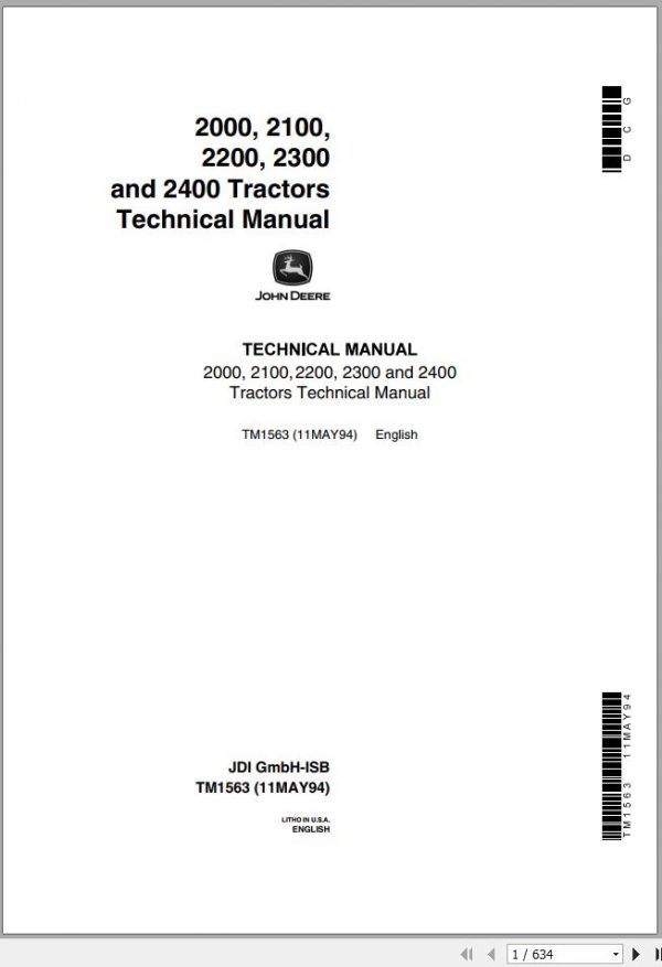 John Deere Tractors 2000 2100 2200 2300 2400 Technical Manual TM1563 1