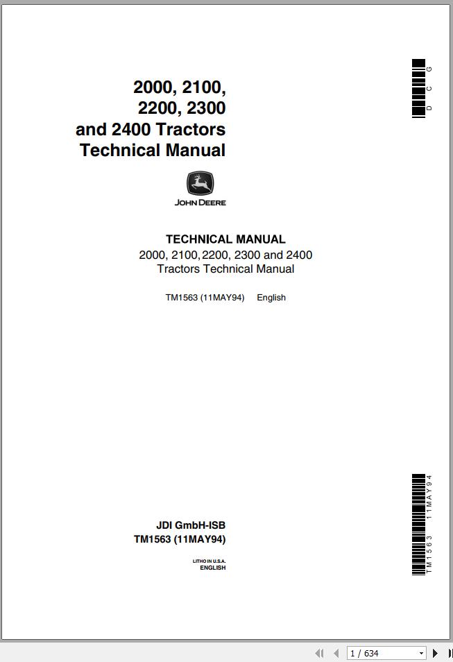 John Deere Tractors 2000 2100 2200 2300 2400 Technical Manual TM1563 1