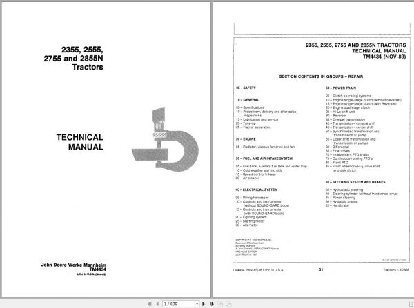 John Deere Tractors 2355 2555 2755 2855N Technical Manual TM4434 1