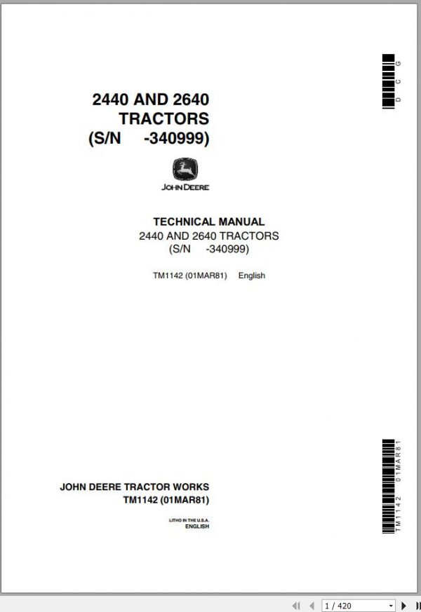 John Deere Tractors 2440 2640 Technical Manual TM1142 1
