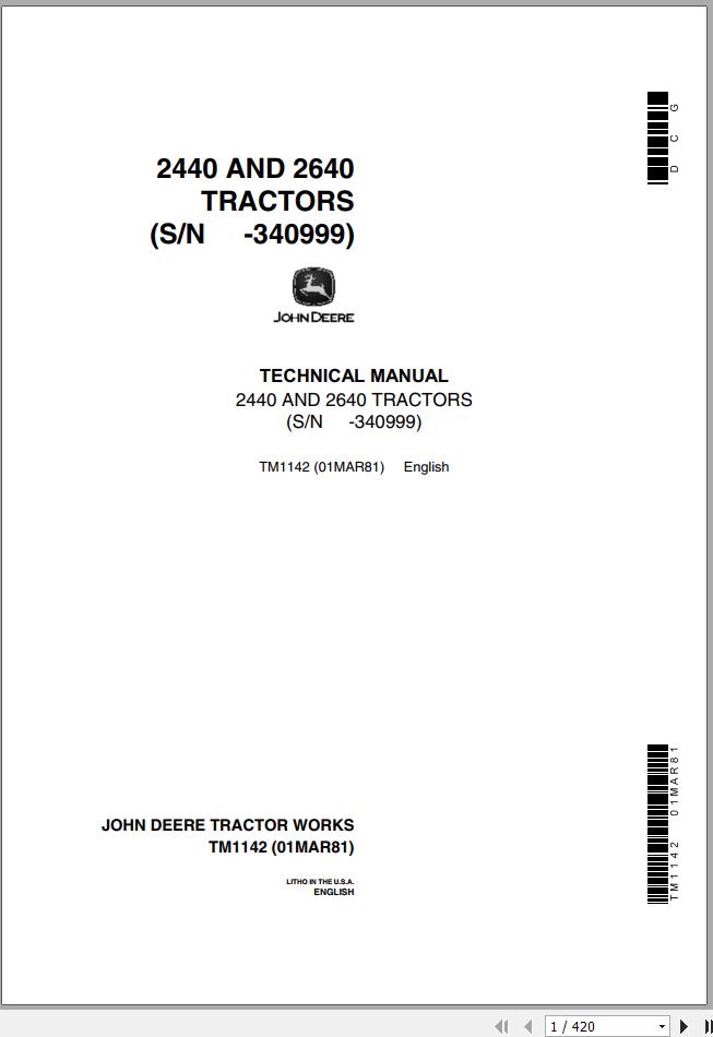 John Deere Tractors 2440 2640 Technical Manual TM1142 1