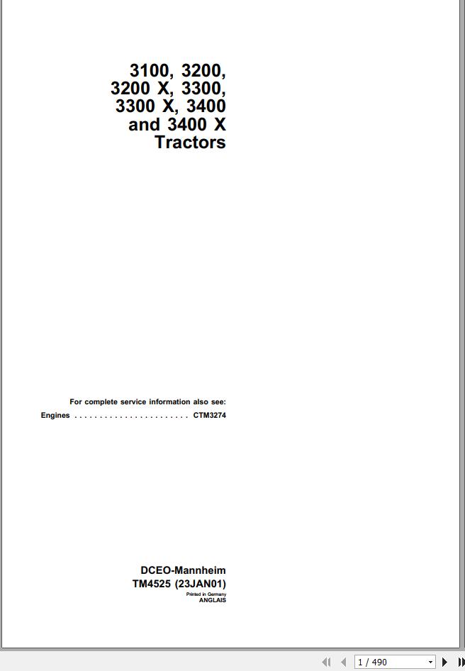 John Deere Tractors 3100 3200 3200X 3300 3300X 3400 3400X Technical Manual TM4525 1