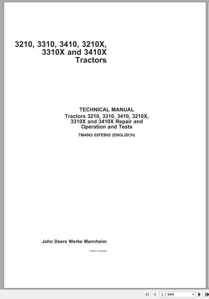 John Deere Tractors 3210 3310 3410 3210X 3310X 3410X Technical Manual TM4663 1