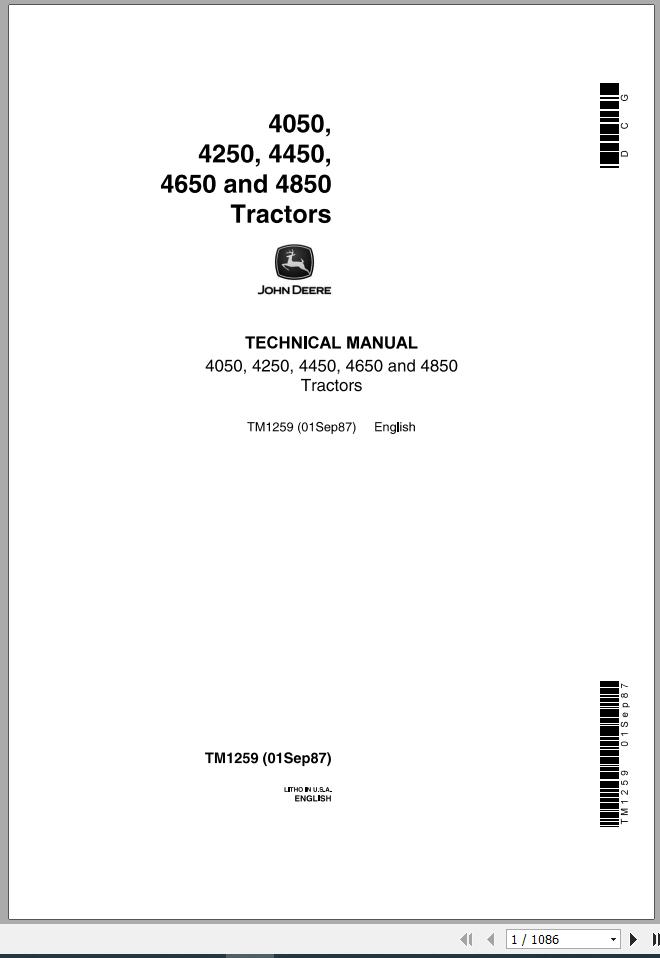 John Deere Tractors 4050 4250 4450 4650 4850 Technical Manual TM1259 1