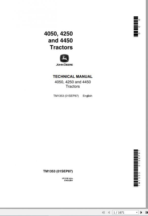 John Deere Tractors 4050 4250 4450 Technical Manual TM1353 1