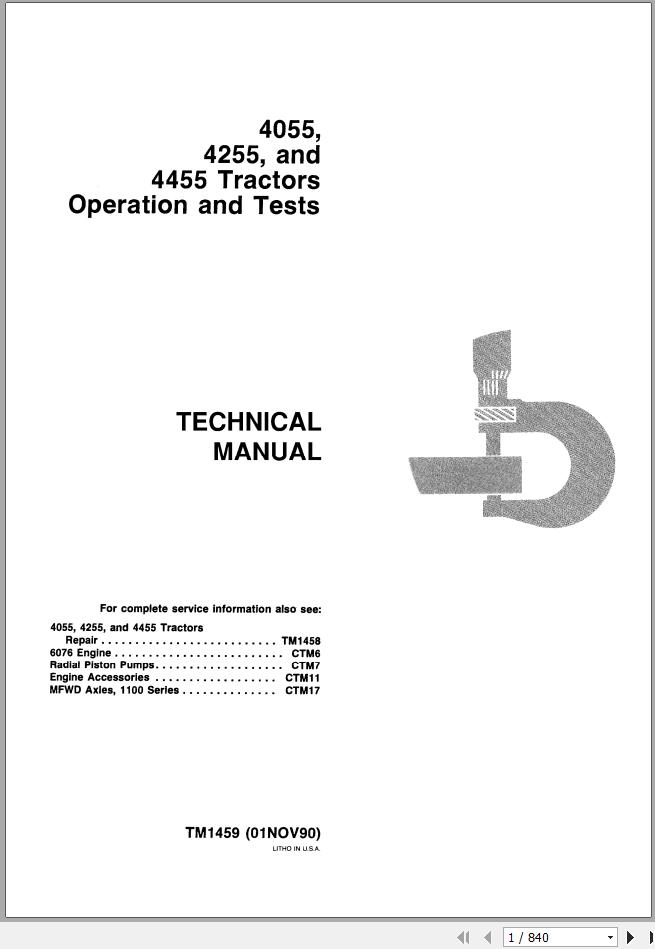 John Deere Tractors 4055 4255 4455 Operation Test Manual TM1459 1