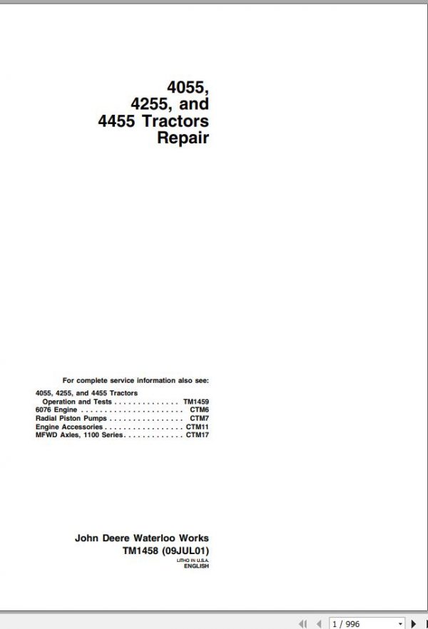 John Deere Tractors 4055 4255 4455 Repair Manual TM1458 1