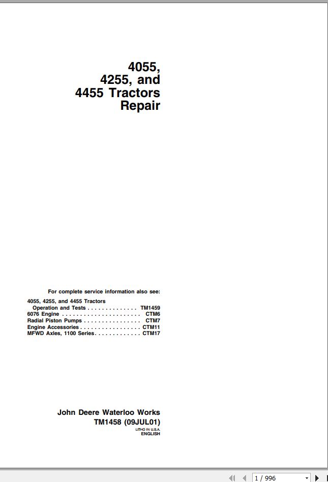 John Deere Tractors 4055 4255 4455 Repair Manual TM1458 1