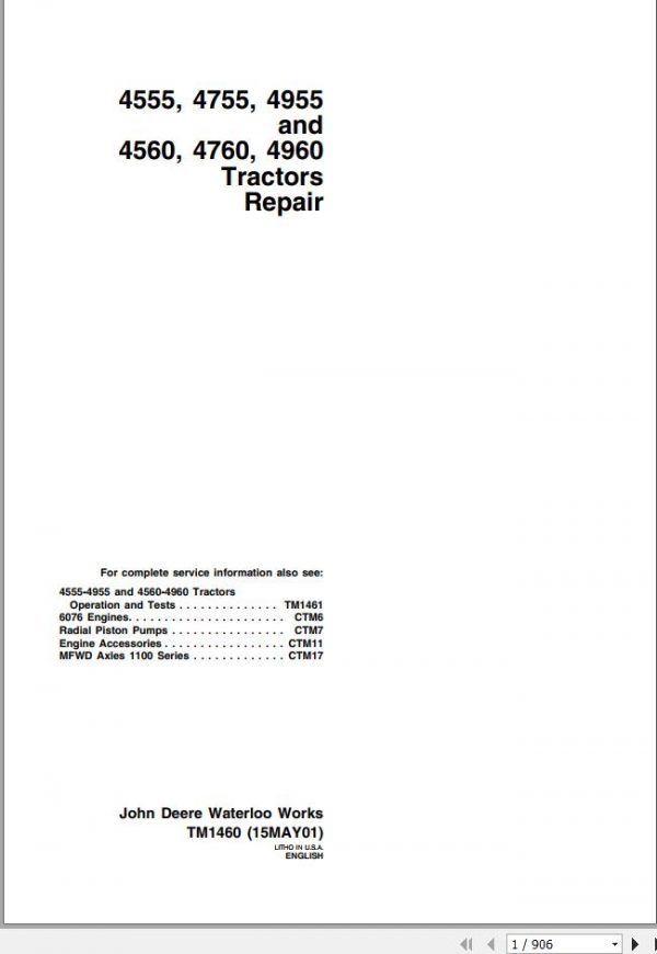 John Deere Tractors 4555 4755 4955 4560 4760 4960 Repair Manual TM1460 1