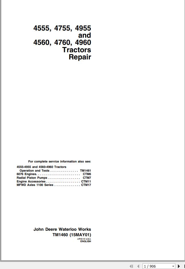 John Deere Tractors 4555 4755 4955 4560 4760 4960 Repair Manual TM1460 1