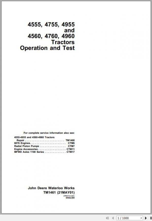 John Deere Tractors 4555 4755 4955 4560 4760 4960 Technical Manual TM1461 1