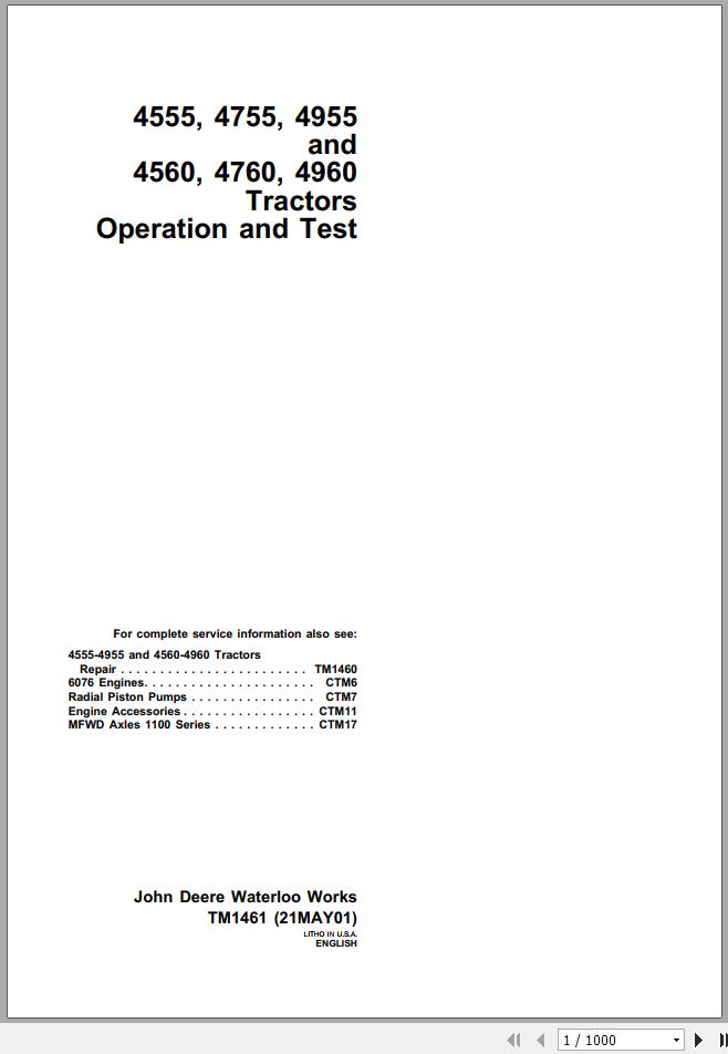 John Deere Tractors 4555 4755 4955 4560 4760 4960 Technical Manual TM1461 1