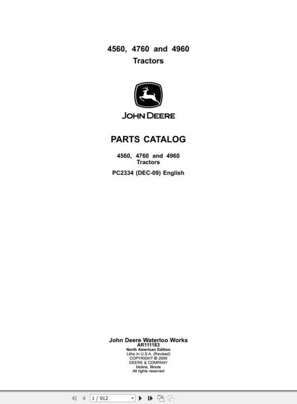 John Deere Tractors 4560 4760 4960 Parts Catalog PC2334 2009 1
