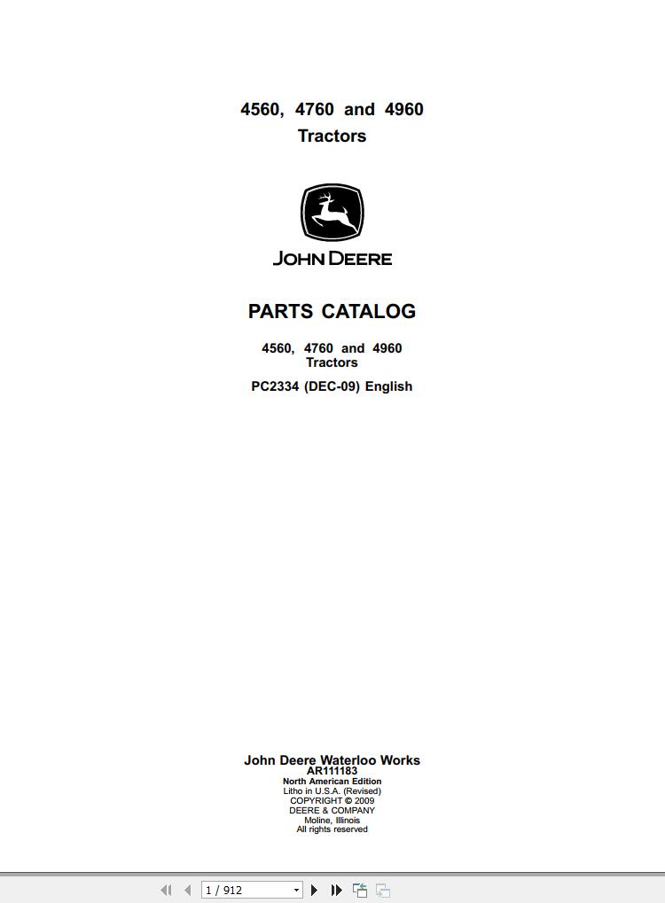 John Deere Tractors 4560 4760 4960 Parts Catalog PC2334 2009 1
