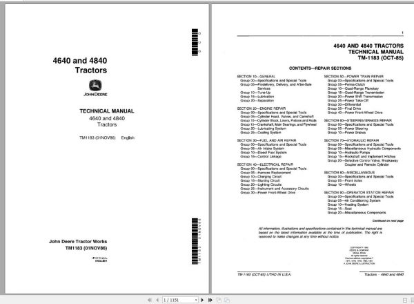 John Deere Tractors 4640 4840 Technical Manual TM1183 1