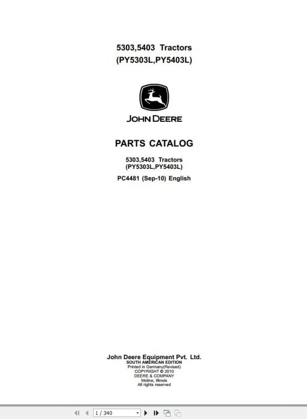 John Deere Tractors 5303 5403 Parts Catalog PC4481 2010 1