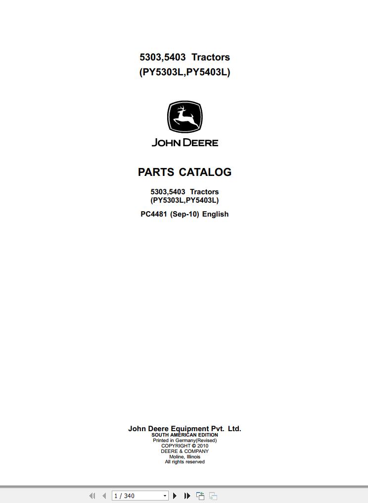 John Deere Tractors 5303 5403 Parts Catalog PC4481 2010 1