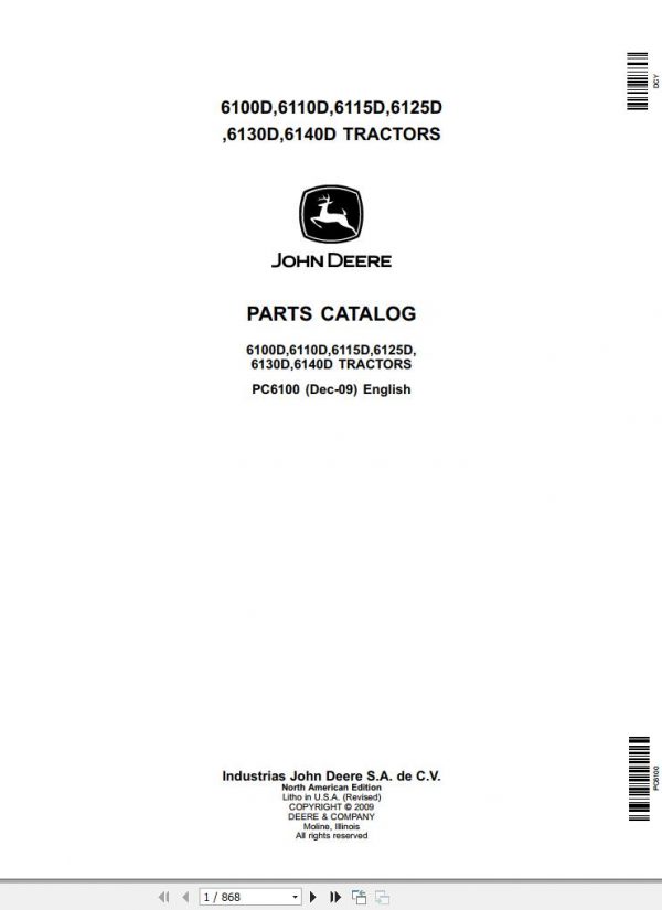 John Deere Tractors 6100D 6110D 6115D 6125D 6130D 6140D Parts Catalog PC6100 2009 1