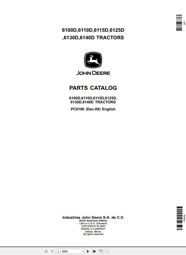 John Deere Tractors 6100D 6110D 6115D 6125D 6130D 6140D Parts Catalog PC6100 2009 1
