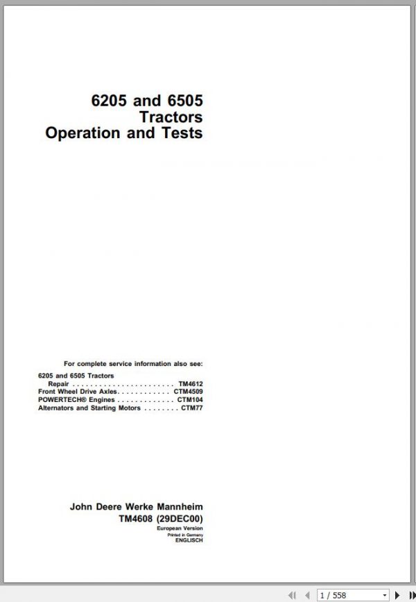 John Deere Tractors 6205 6505 Operation Test Manual TM4608 1