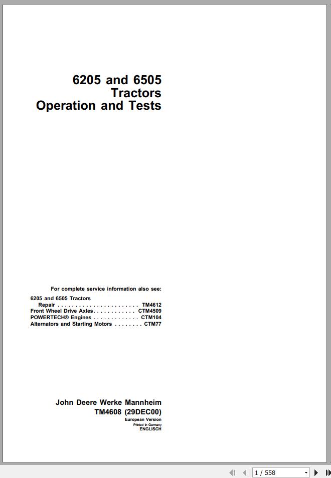 John Deere Tractors 6205 6505 Operation Test Manual TM4608 1