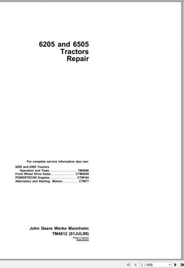 John Deere Tractors 6205 6505 Repair Manual TM4612 1