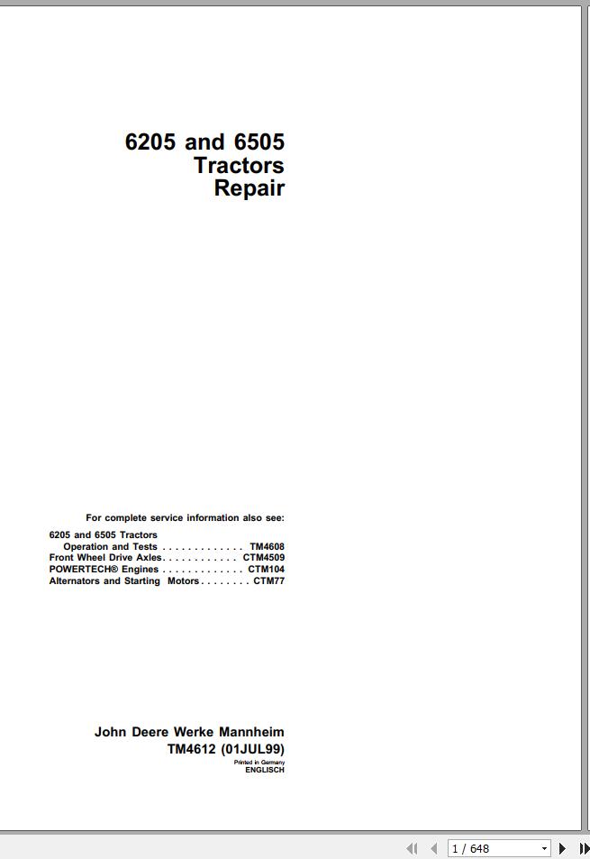 John Deere Tractors 6205 6505 Repair Manual TM4612 1
